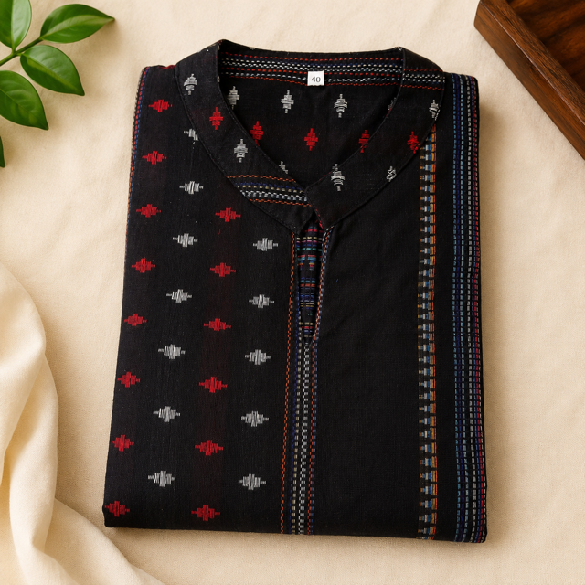 Revanta-Black Handloom Cotton Kurta with Lining, All-Over Jacquard & Butta Work, and a Chinese Collar