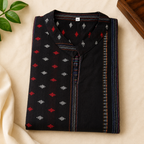 Revanta-Black Handloom Cotton Kurta with Lining, All-Over Jacquard & Butta Work, and a Chinese Collar