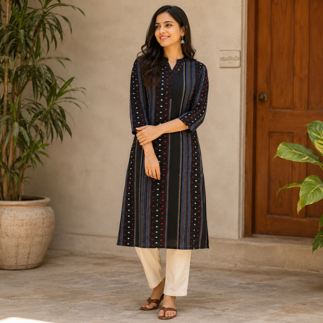 Revanta-Black Handloom Cotton Kurta with Lining, All-Over Jacquard & Butta Work, and a Chinese Collar