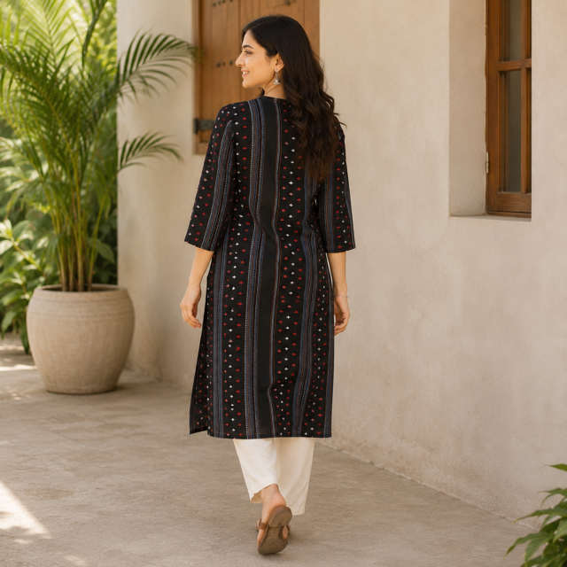Revanta-Black Handloom Cotton Kurta with Lining, All-Over Jacquard & Butta Work, and a Chinese Collar
