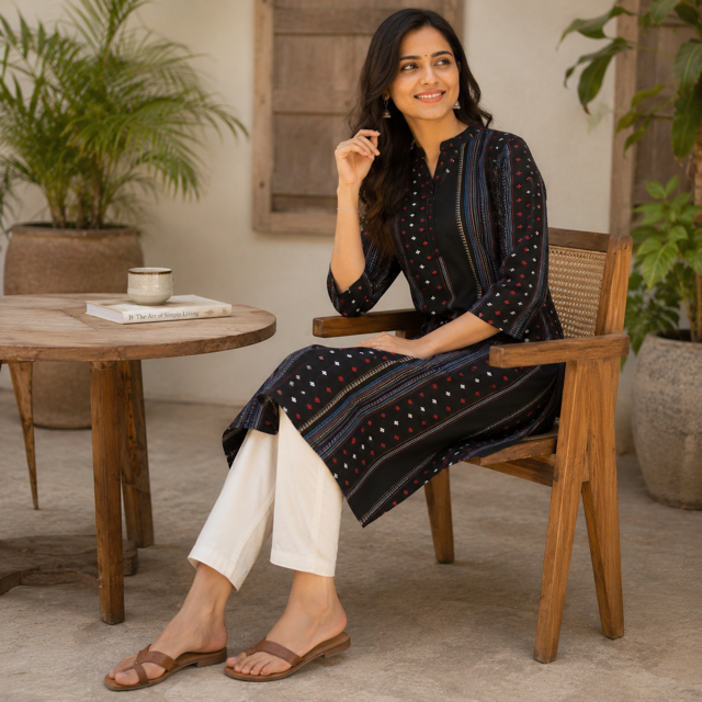 Revanta-Black Handloom Cotton Kurta with Lining, All-Over Jacquard & Butta Work, and a Chinese Collar