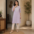 Revanta Light Lavender Straight Rayon Kurta – Chinese Collar, Embroidery & Sequence Work Yoke – Elegant Ethnic Wear