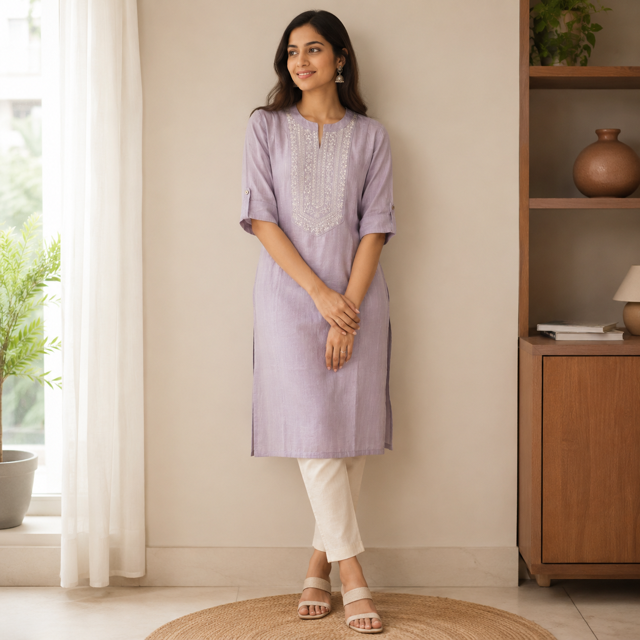 Revanta Light Lavender Straight Rayon Kurta – Chinese Collar, Embroidery & Sequence Work Yoke – Elegant Ethnic Wear