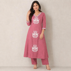 Revanta Dark Peach Vertican Kurta Palazzo Set Featuring V-Neck and Elegant Embroidery on the Neck, Body & Sleeves