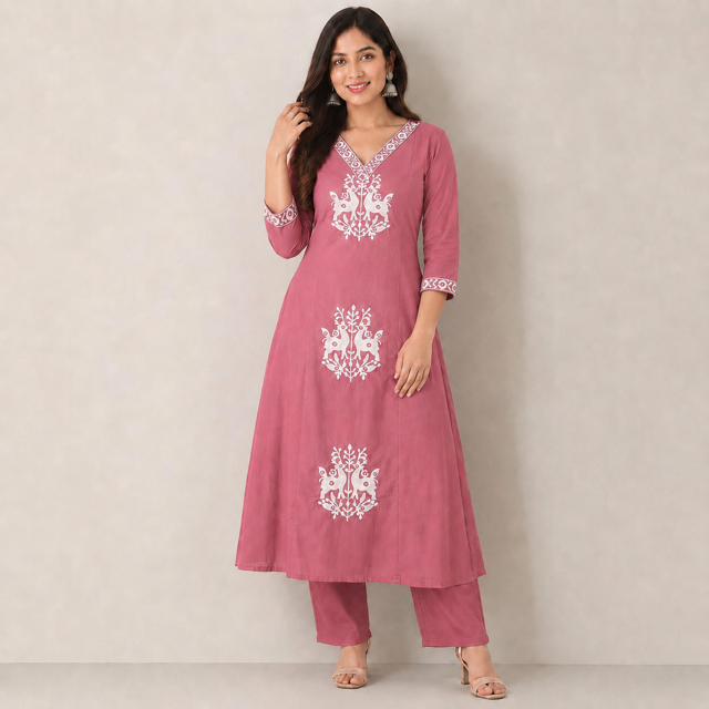 Revanta Dark Peach Vertican Kurta Palazzo Set Featuring V-Neck and Elegant Embroidery on the Neck, Body & Sleeves