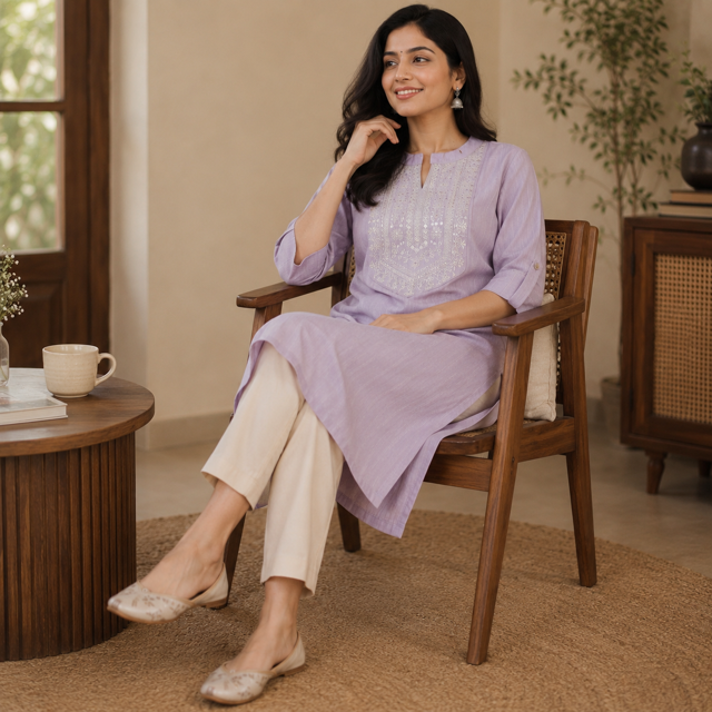 Revanta Light Lavender Straight Rayon Kurta – Chinese Collar, Embroidery & Sequence Work Yoke – Elegant Ethnic Wear