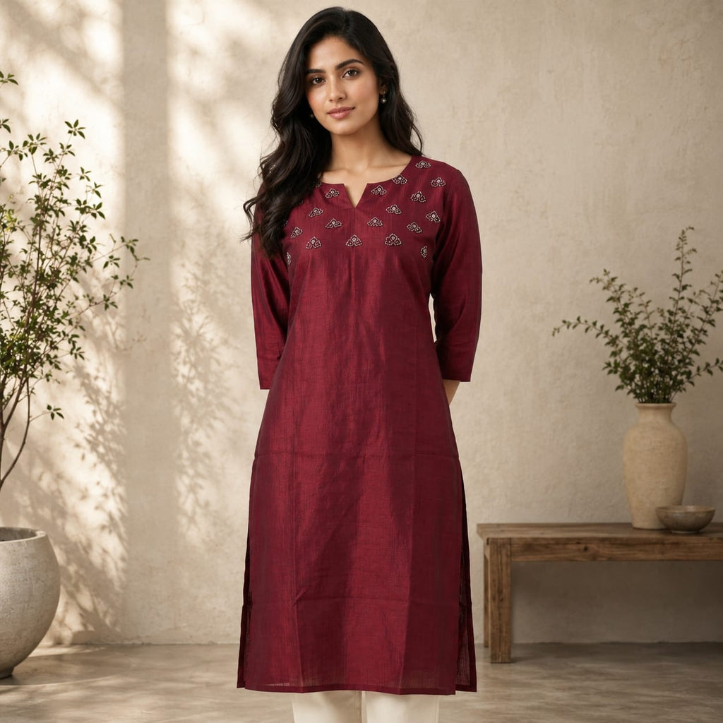 Vertican Maroon A-Line Kurta – Textured Fabric with Handwork Detail – Premium Women's Ethnic Wear