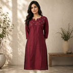 Vertican Maroon A-Line Kurta – Textured Fabric with Handwork Detail – Premium Women's Ethnic Wear