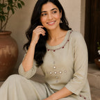 Revanta Light Beige Dhabu Cotton Kurta & Pant Set – Original Glass Work 2 side pocket – Chic Casual Ethnic Wear