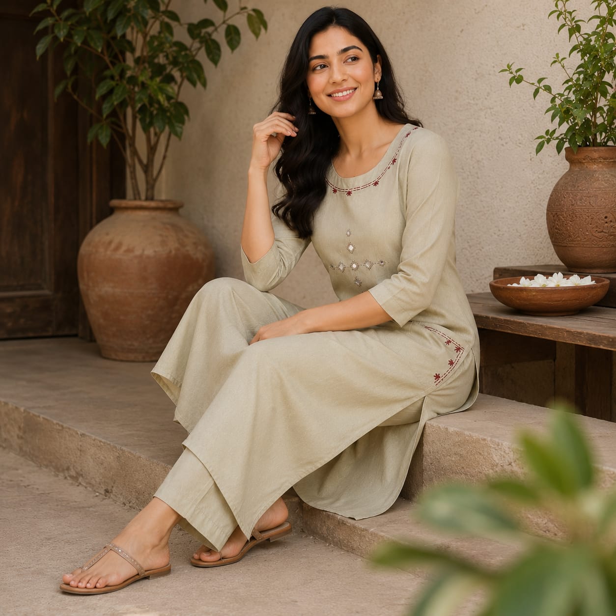 Revanta Light Beige Dhabu Cotton Kurta & Pant Set – Original Glass Work 2 side pocket – Chic Casual Ethnic Wear