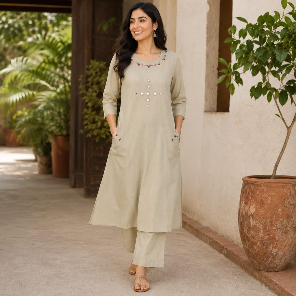 Revanta Light Beige Dhabu Cotton Kurta & Pant Set – Original Glass Work 2 side pocket – Chic Casual Ethnic Wear