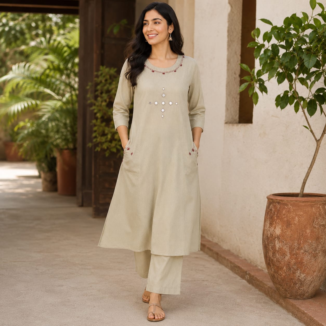 Revanta Light Beige Dhabu Cotton Kurta & Pant Set – Original Glass Work 2 side pocket – Chic Casual Ethnic Wear