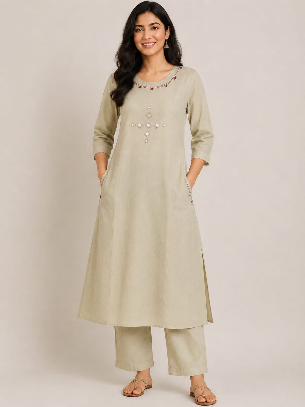 Revanta Light Beige Dhabu Cotton Kurta & Pant Set – Original Glass Work 2 side pocket – Chic Casual Ethnic Wear
