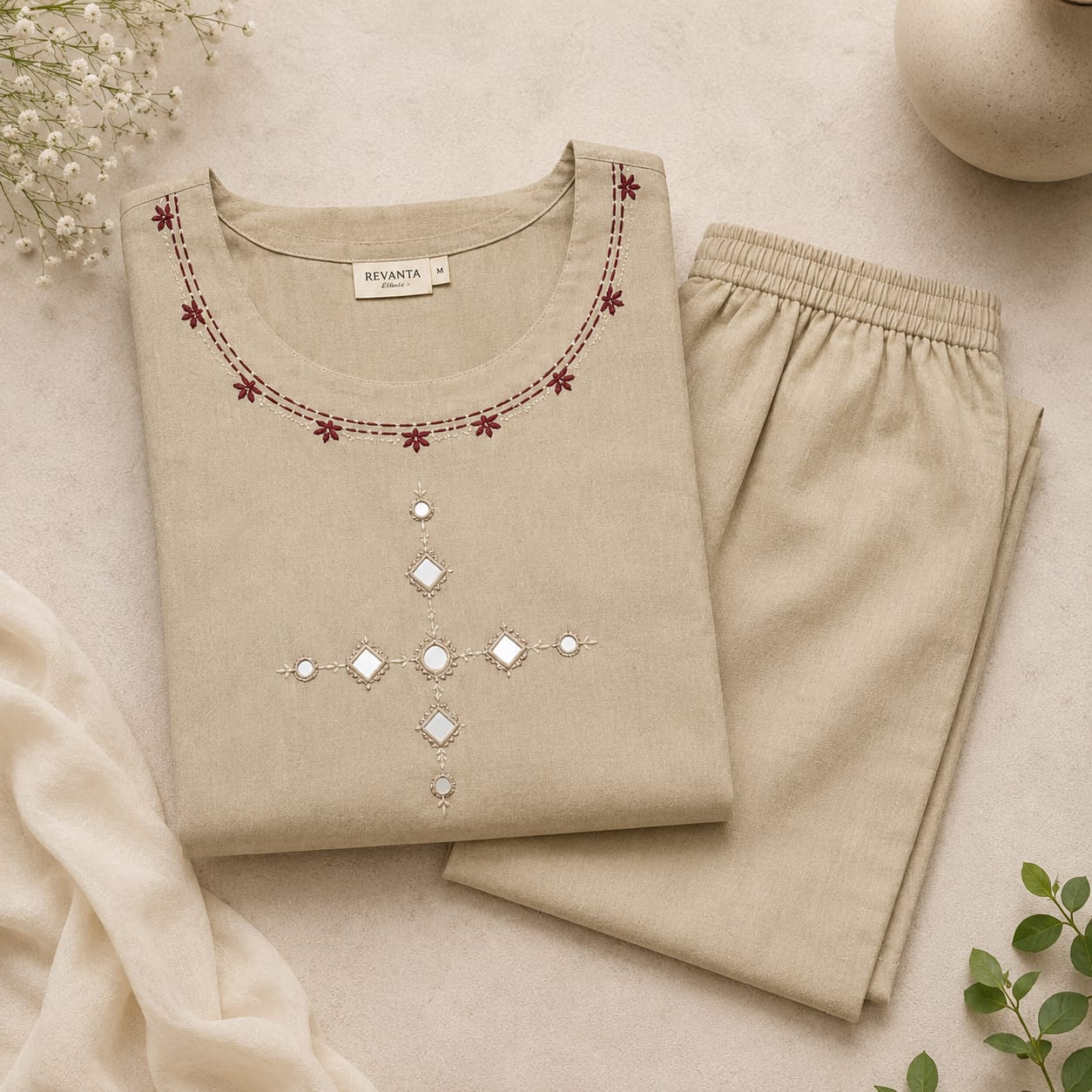 Revanta Light Beige Dhabu Cotton Kurta & Pant Set – Original Glass Work 2 side pocket – Chic Casual Ethnic Wear