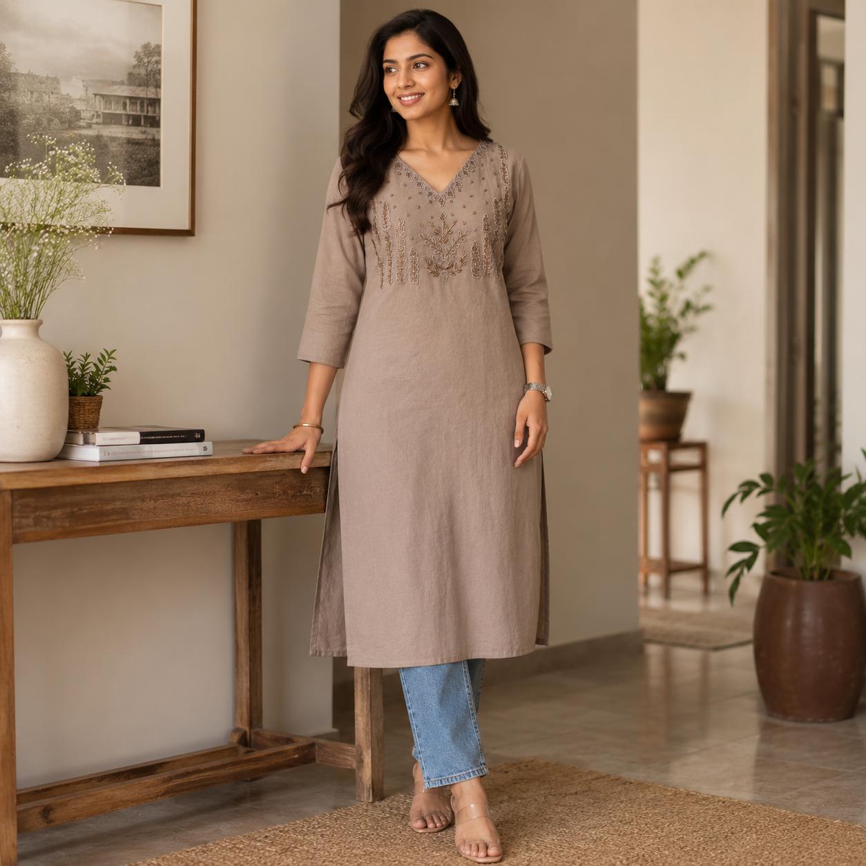 Women’s A-Line Kurti in Crushed Nylon with Bead Handwork and Lining- Sand Taupe