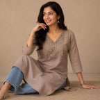 Women’s A-Line Kurti in Crushed Nylon with Bead Handwork and Lining- Sand Taupe