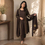Revanta Chocolate Brown Cotton Three-Piece Suit with Appliqué Work, Embroidery & Sequin Work on Kurta and Dupatta