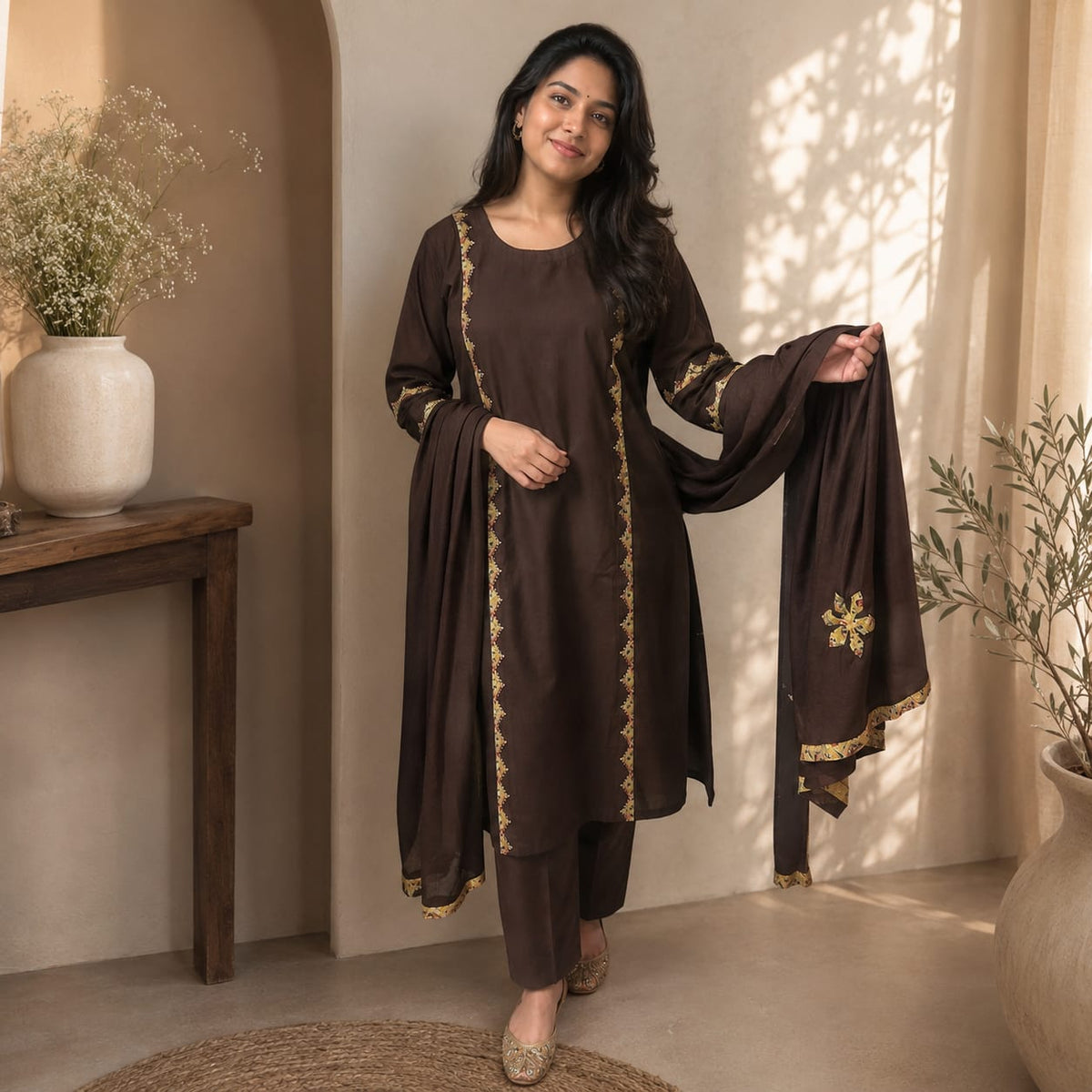 Revanta Chocolate Brown Cotton Three-Piece Suit with Appliqué Work, Embroidery & Sequin Work on Kurta and Dupatta