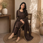 Revanta Chocolate Brown Cotton Three-Piece Suit with Appliqué Work, Embroidery & Sequin Work on Kurta and Dupatta