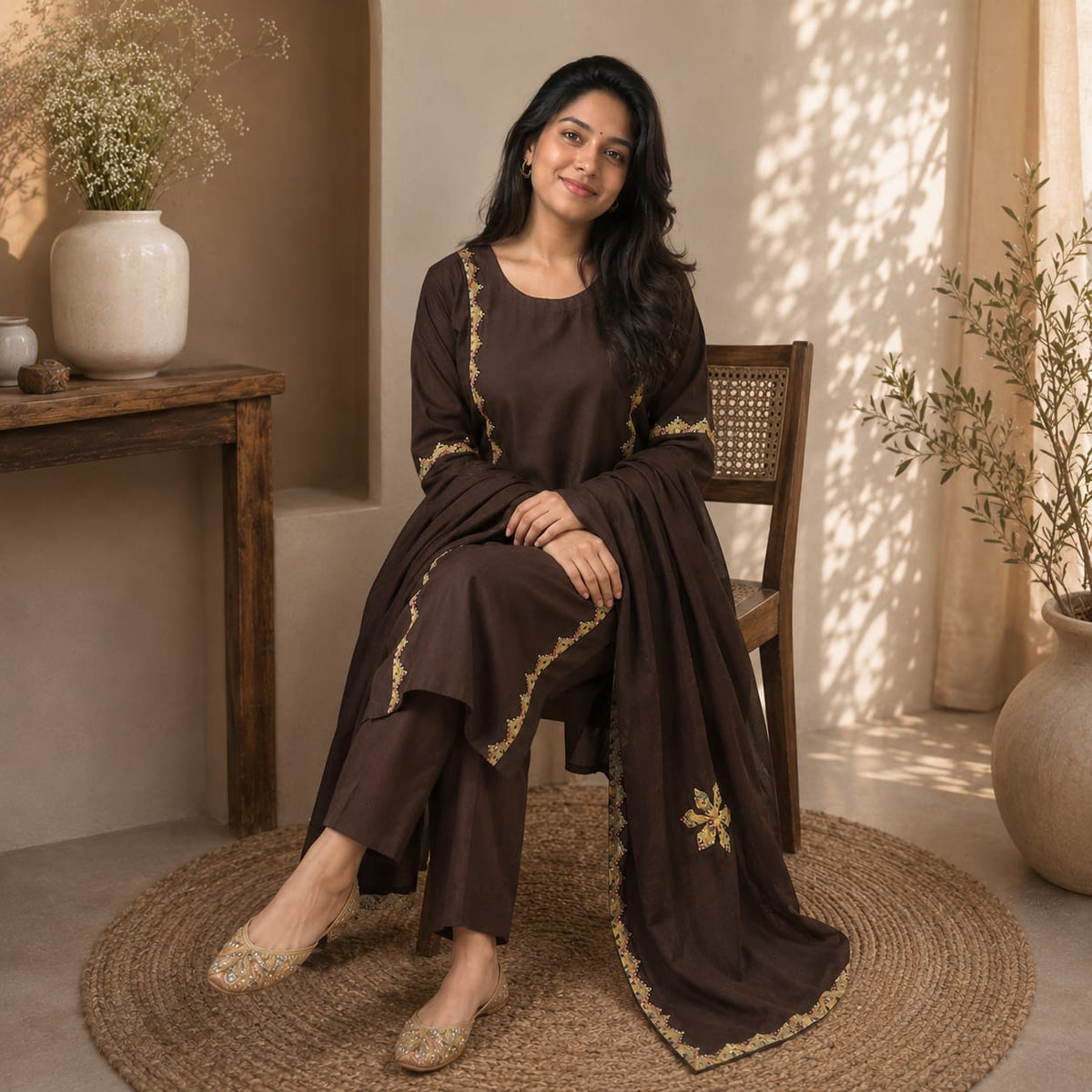 Revanta Chocolate Brown Cotton Three-Piece Suit with Appliqué Work, Embroidery & Sequin Work on Kurta and Dupatta