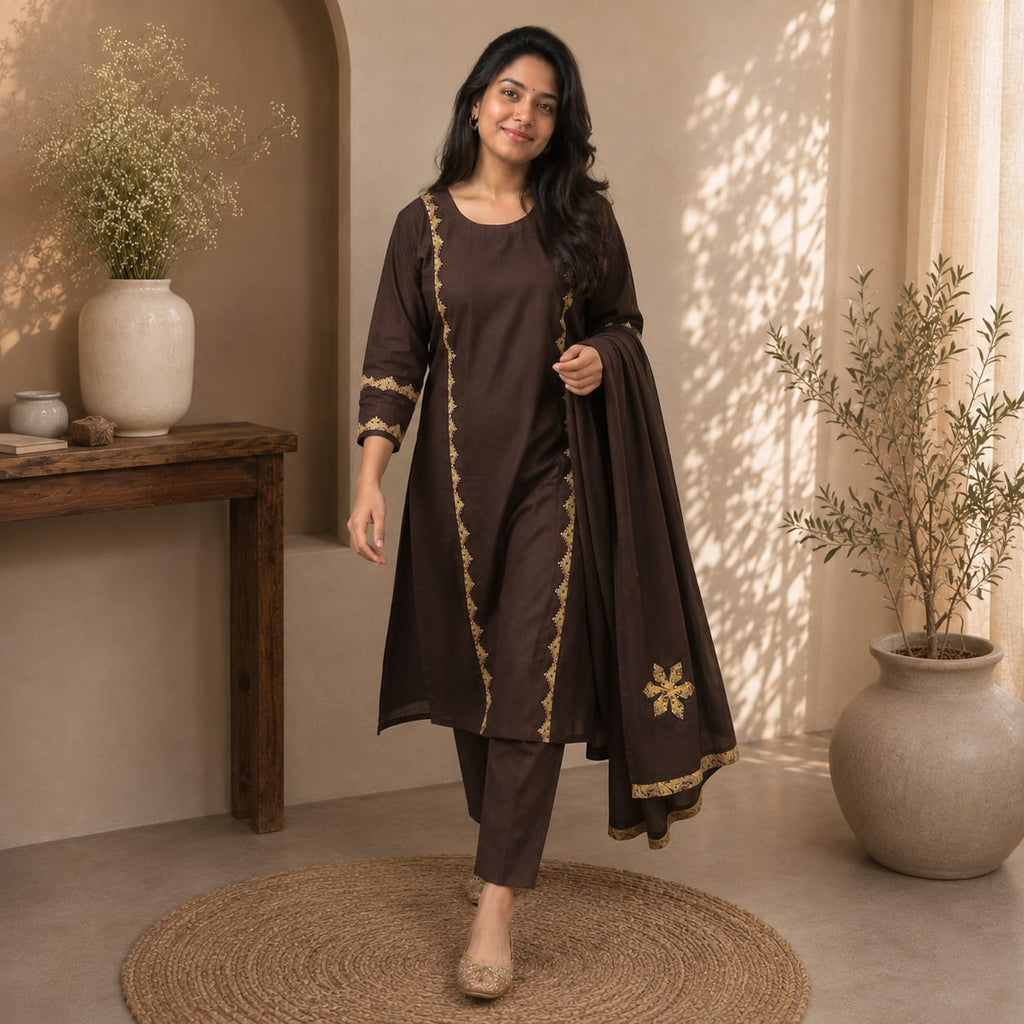 Revanta Chocolate Brown Cotton Three-Piece Suit with Appliqué Work, Embroidery & Sequin Work on Kurta and Dupatta