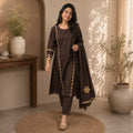 Revanta Chocolate Brown Cotton Three-Piece Suit with Appliqué Work, Embroidery & Sequin Work on Kurta and Dupatta