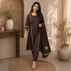 Revanta Chocolate Brown Cotton Three-Piece Suit with Appliqué Work, Embroidery & Sequin Work on Kurta and Dupatta