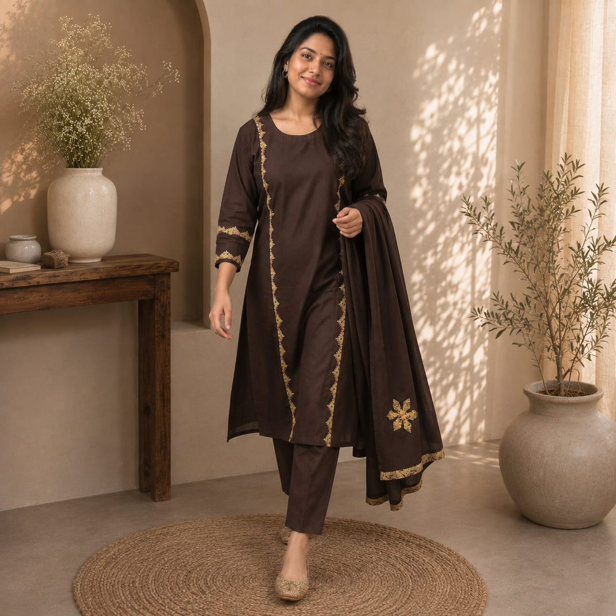 Revanta Chocolate Brown Cotton Three-Piece Suit with Appliqué Work, Embroidery & Sequin Work on Kurta and Dupatta