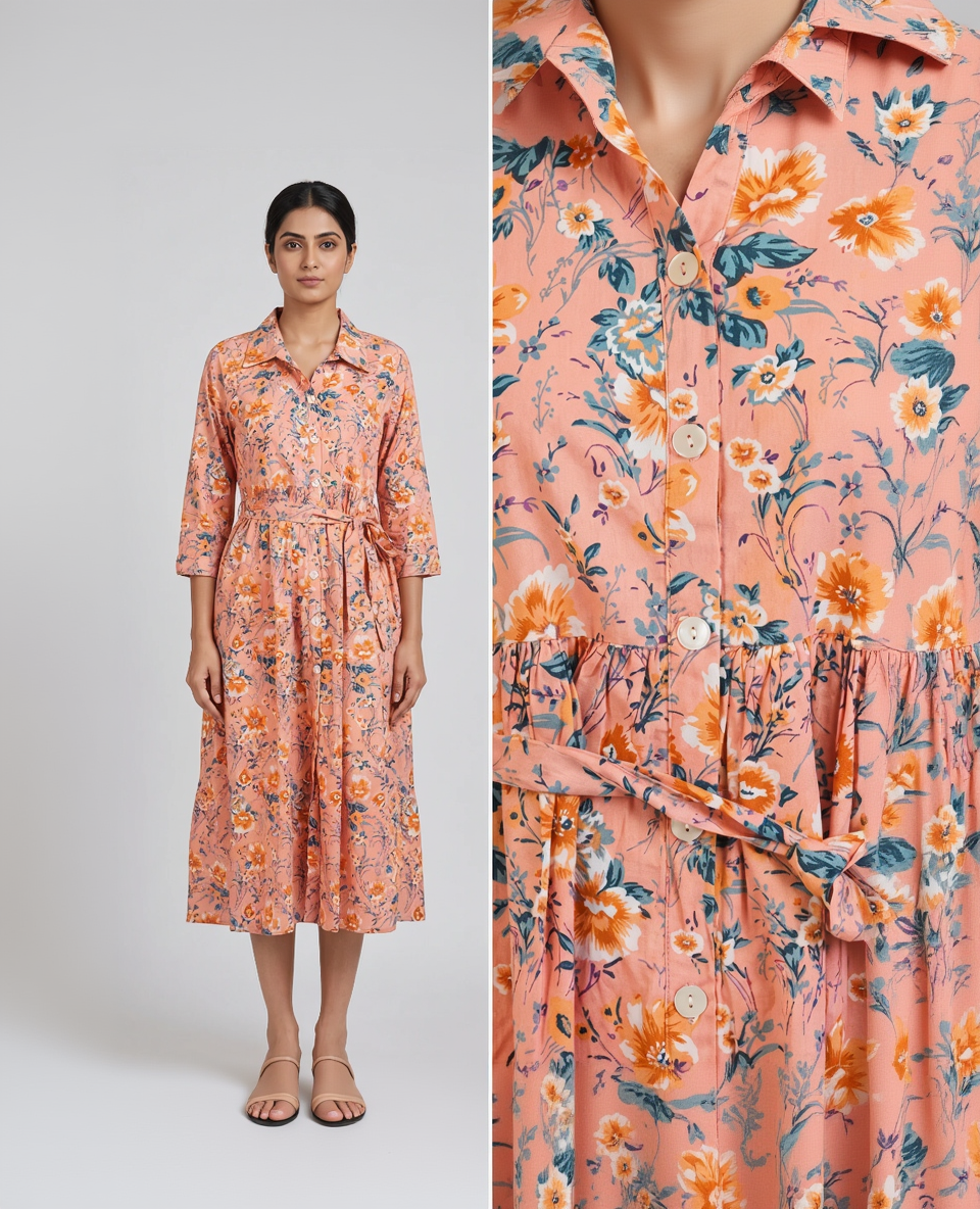 Peach Floral Cotton Slub Shirt Dress – Button-Down Midi with Tie-Up Waist – Casual Chic