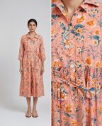 Peach Floral Cotton Slub Shirt Dress – Button-Down Midi with Tie-Up Waist – Casual Chic
