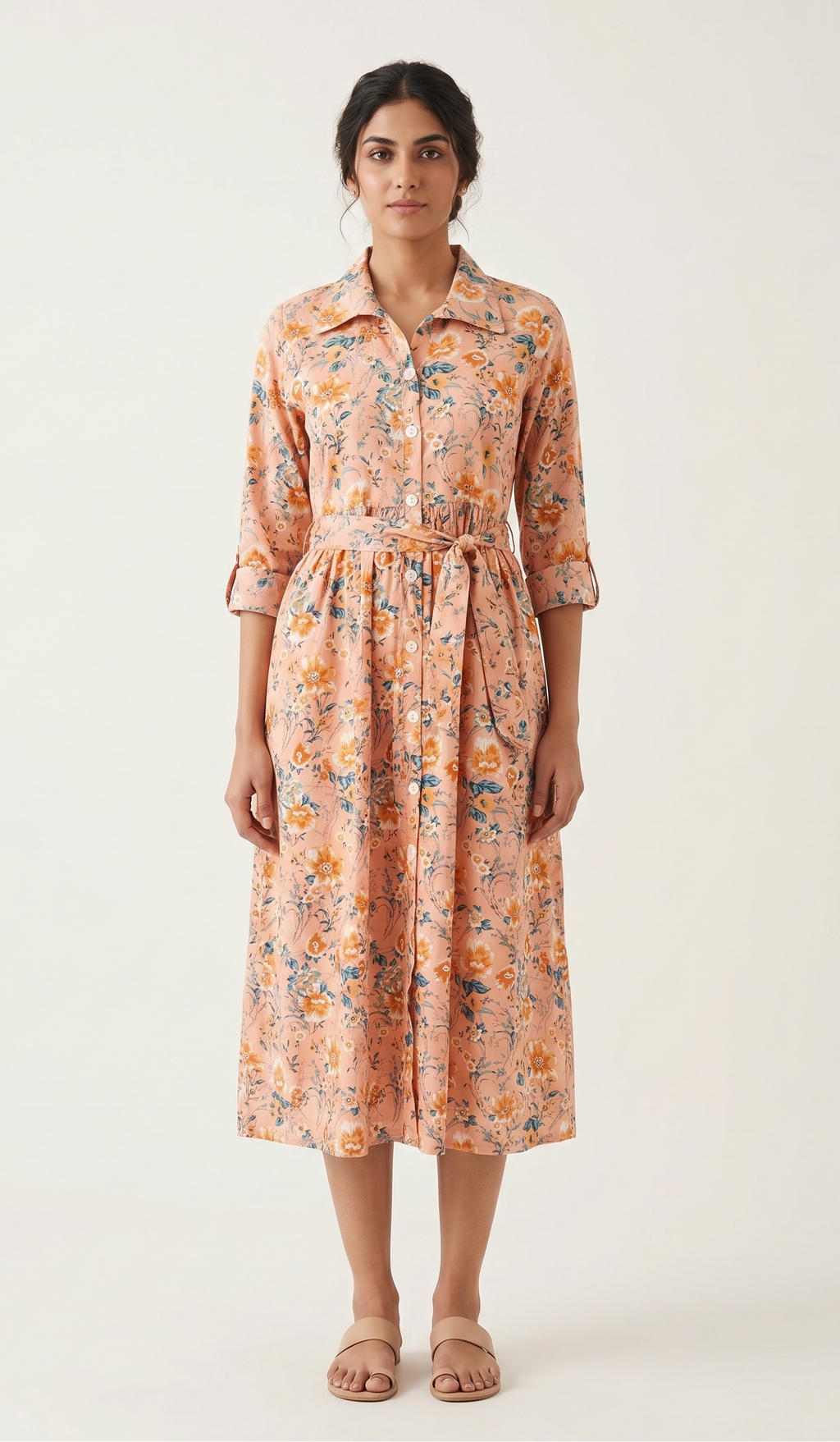 Peach Floral Cotton Slub Shirt Dress – Button-Down Midi with Tie-Up Waist – Casual Chic