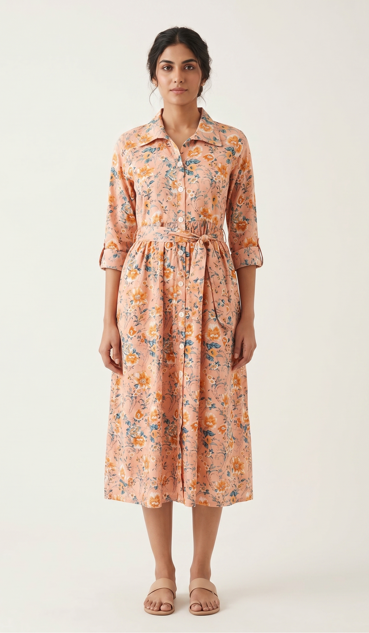 Peach Floral Cotton Slub Shirt Dress – Button-Down Midi with Tie-Up Waist – Casual Chic