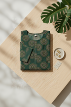 Pine Green Mandala Print – Ethnic Circular Motif Cotton – Elegant 3/4 Sleeve Daily Wear for Women
