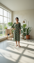 Pine Green Mandala Print – Ethnic Circular Motif Cotton – Elegant 3/4 Sleeve Daily Wear for Women