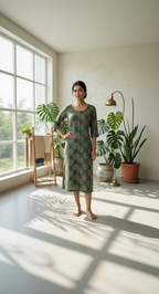 Pine Green Mandala Print – Ethnic Circular Motif Cotton – Elegant 3/4 Sleeve Daily Wear for Women