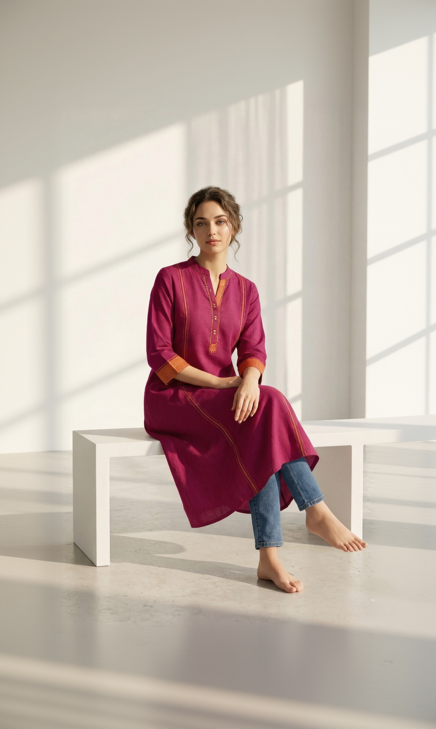 Anvita Plum Magenta Cotton Linen Kurta – Chinese Collar & Contrast Borders – Modern A-Line Kurta