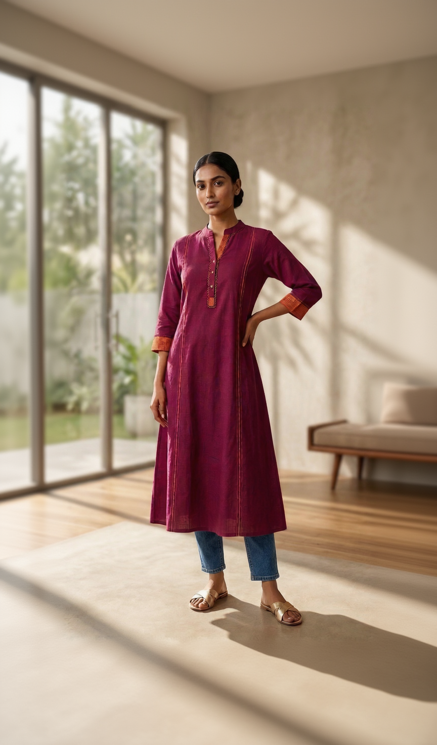 Anvita Plum Magenta Cotton Linen Kurta – Chinese Collar & Contrast Borders – Modern A-Line Kurta