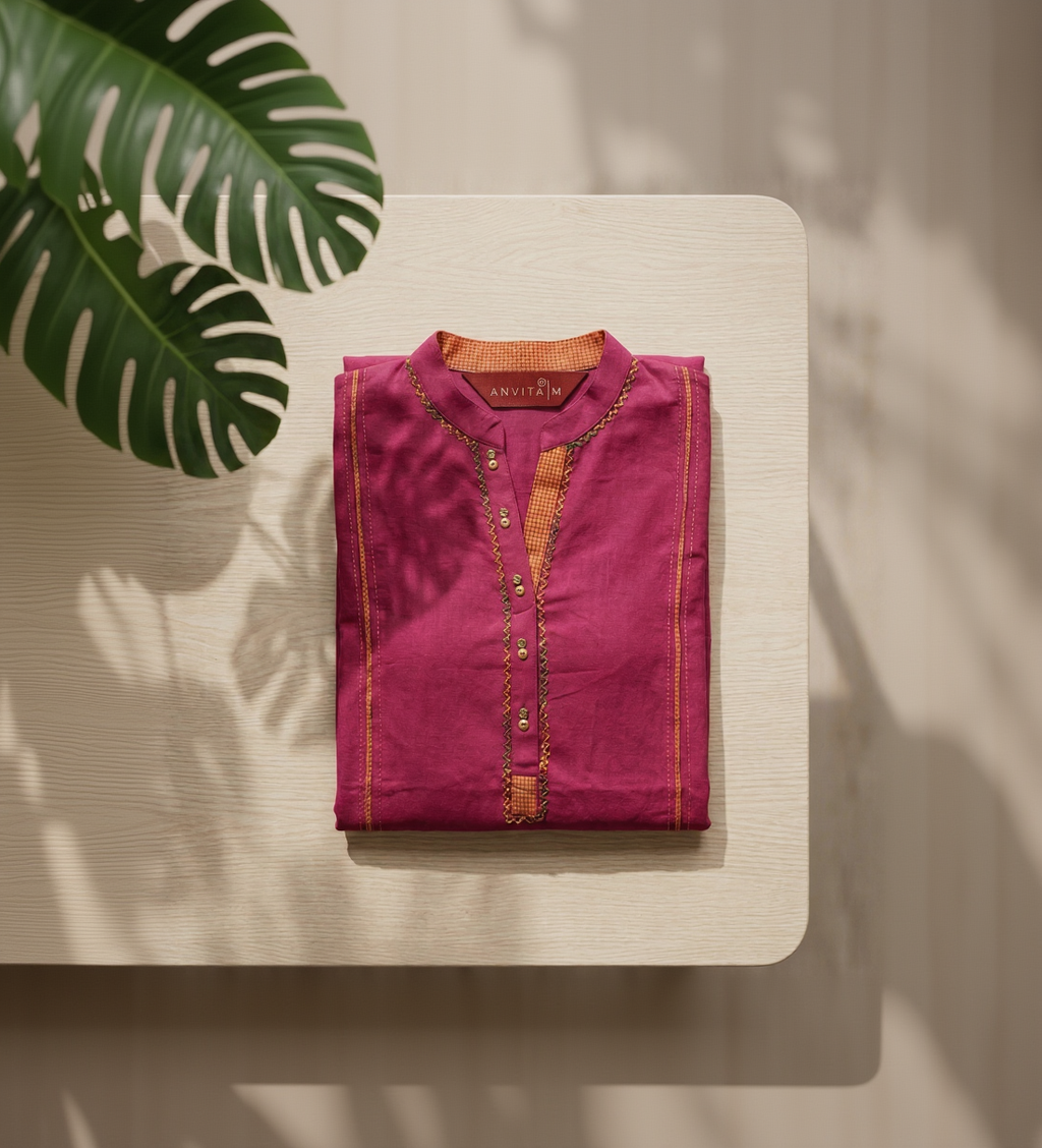 Anvita Plum Magenta Cotton Linen Kurta – Chinese Collar & Contrast Borders – Modern A-Line Kurta