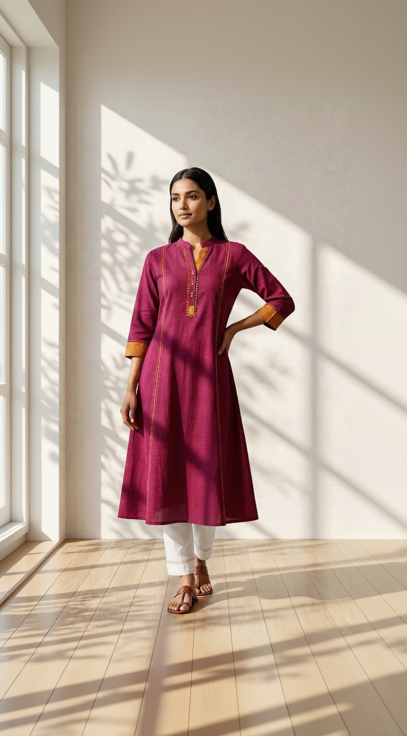Anvita Plum Magenta Cotton Linen Kurta – Chinese Collar & Contrast Borders – Modern A-Line Kurta
