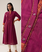 Anvita Plum Magenta Cotton Linen Kurta – Chinese Collar & Contrast Borders – Modern A-Line Kurta