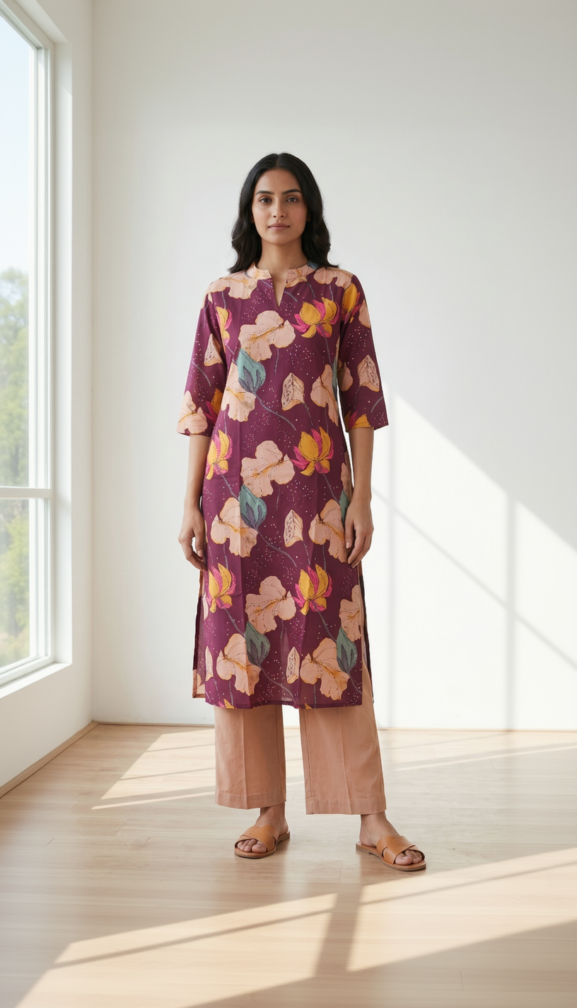 Plum Wine Cotton Slub Kurta – Vibrant Floral Digital Print – Chic Daily Wear
