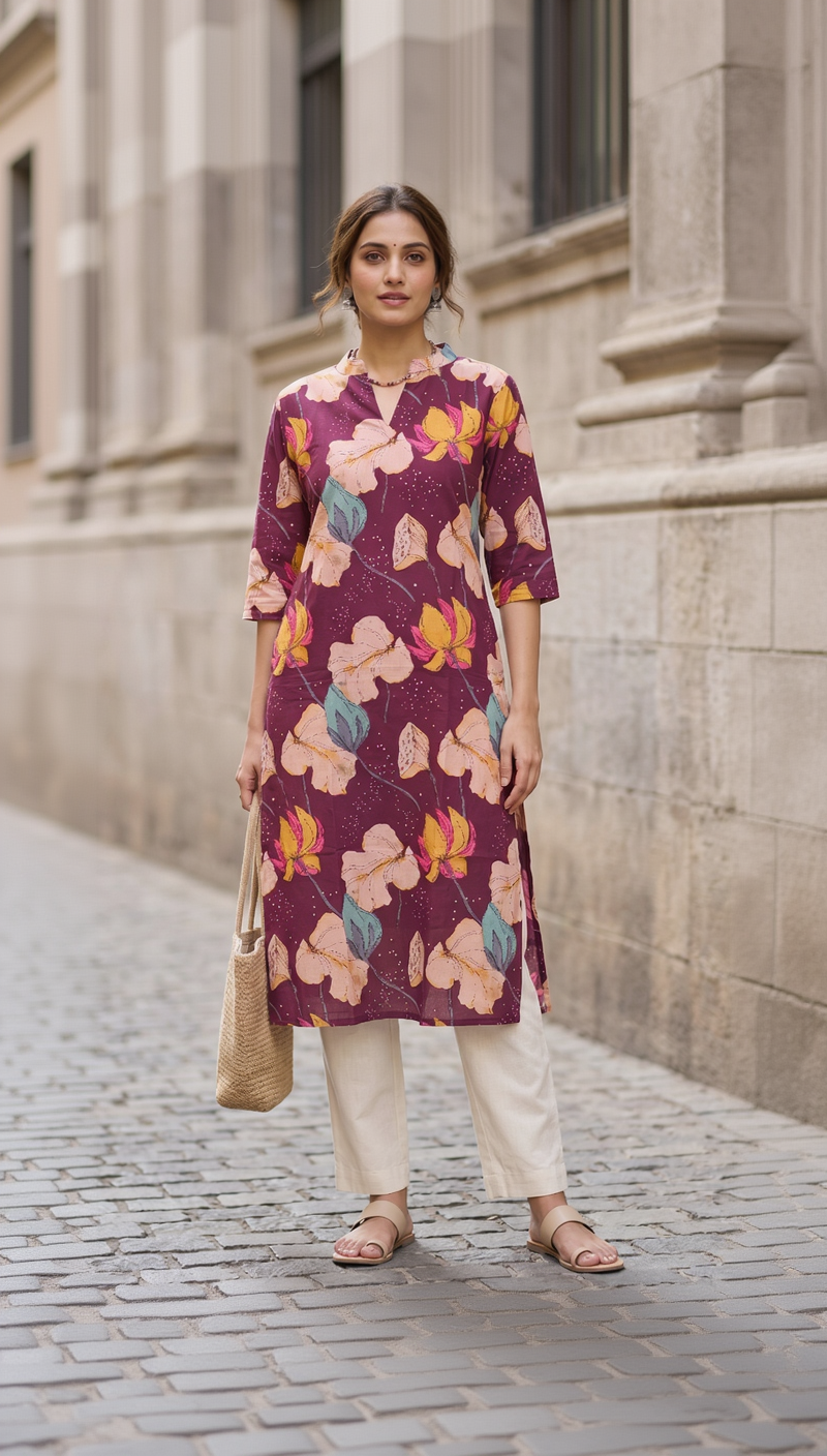 Plum Wine Cotton Slub Kurta – Vibrant Floral Digital Print – Chic Daily Wear