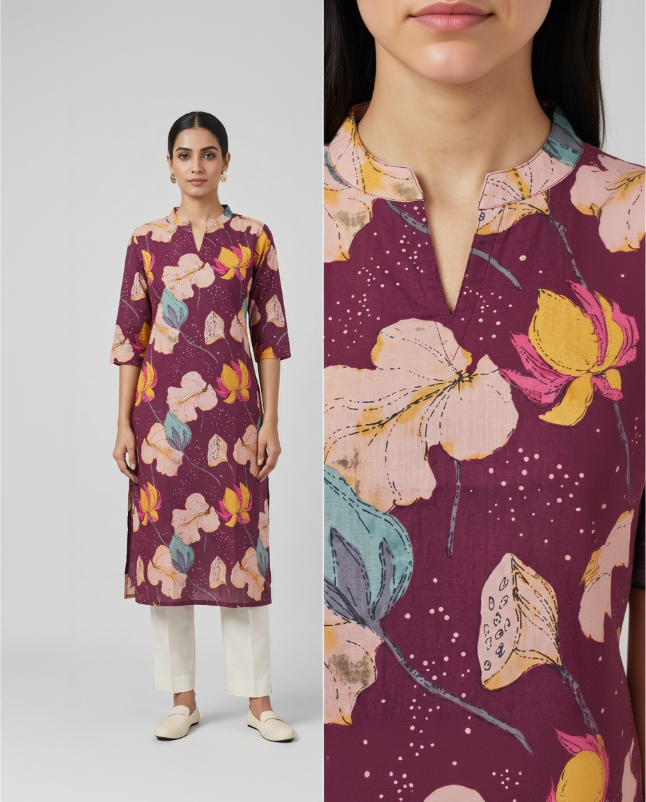 Plum Wine Cotton Slub Kurta – Vibrant Floral Digital Print – Chic Daily Wear
