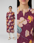 Plum Wine Cotton Slub Kurta – Vibrant Floral Digital Print – Chic Daily Wear