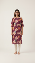 Plum Wine Cotton Slub Kurta – Vibrant Floral Digital Print – Chic Daily Wear