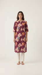 Plum Wine Cotton Slub Kurta – Vibrant Floral Digital Print – Chic Daily Wear