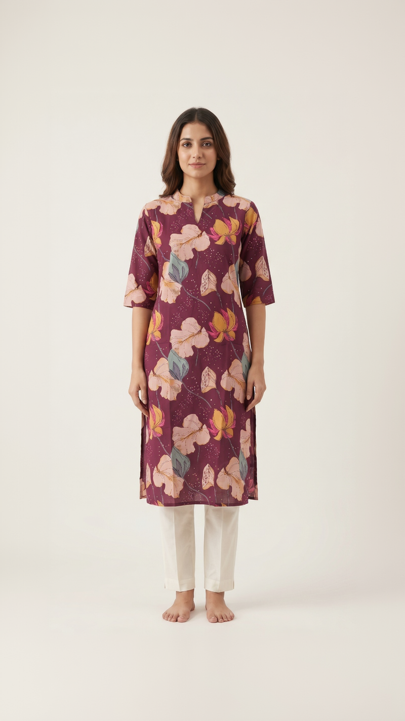 Plum Wine Cotton Slub Kurta – Vibrant Floral Digital Print – Chic Daily Wear