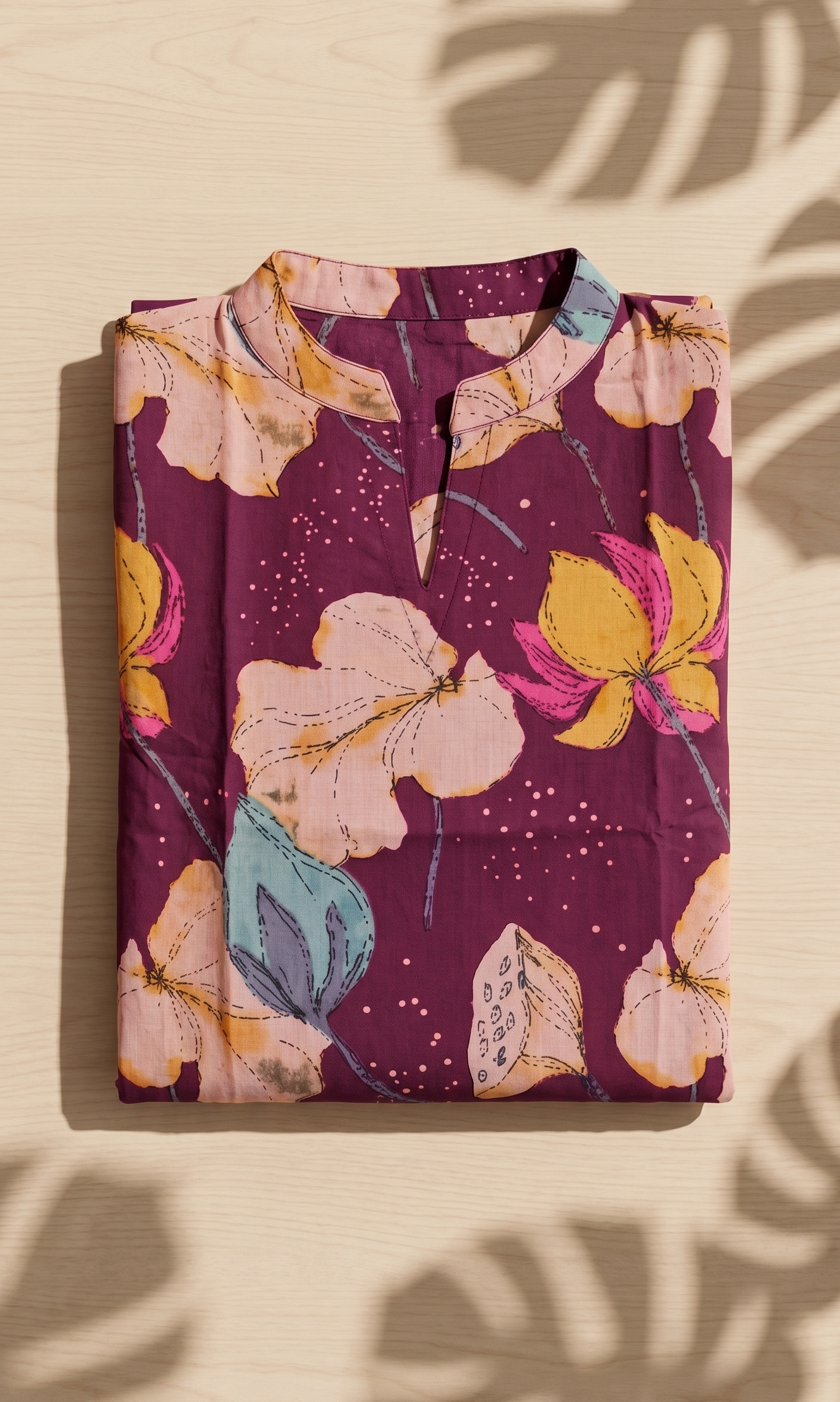 Plum Wine Cotton Slub Kurta – Vibrant Floral Digital Print – Chic Daily Wear