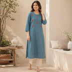 Revanta Teal Cotton Kurta – Vibrant Pink & Yellow Floral Embroidery – Elegant Everyday Wear