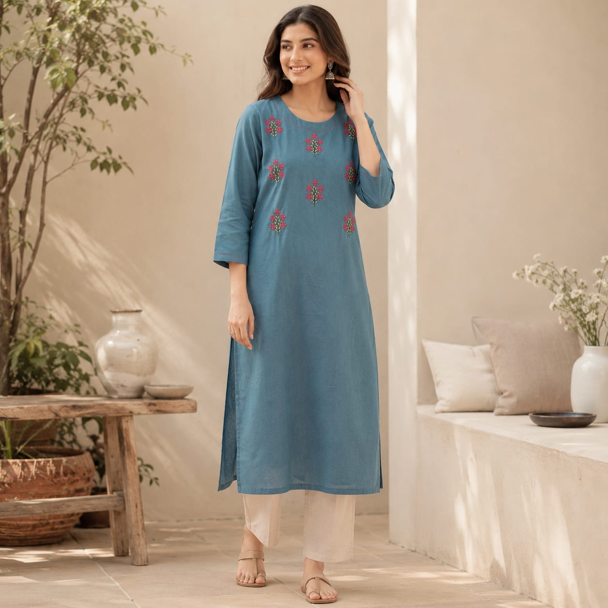 Revanta Teal Cotton Kurta – Vibrant Pink & Yellow Floral Embroidery – Elegant Everyday Wear